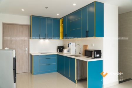 Mẫu tủ bếp Vinhomes Smart City gỗ Melamine An Cường hiện đại hoàn thiện tại nhà anh Quang