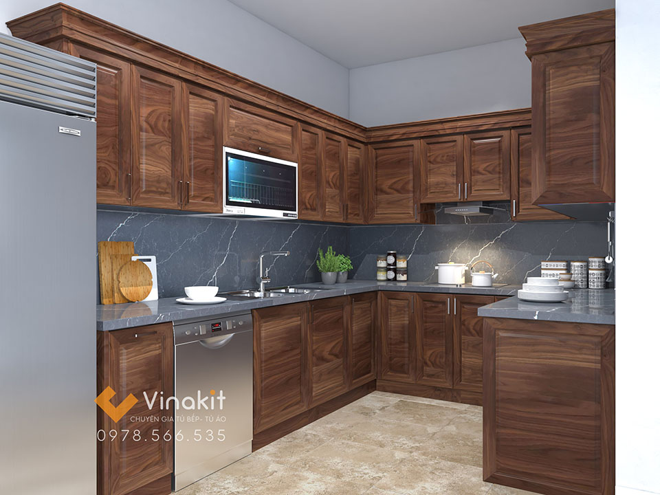 Mẫu tủ bếp Inox cánh gỗ Óc Chó Vinakit - IOC02