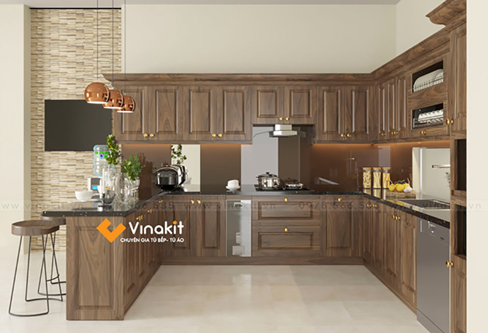 Mẫu tủ bếp Inox cánh gỗ Óc chó Vinakit - IOC04