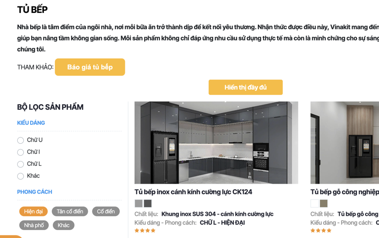 Bộ lọc kiểu dáng tủ bếp chữ L trong mục sản phẩm tủ bếp