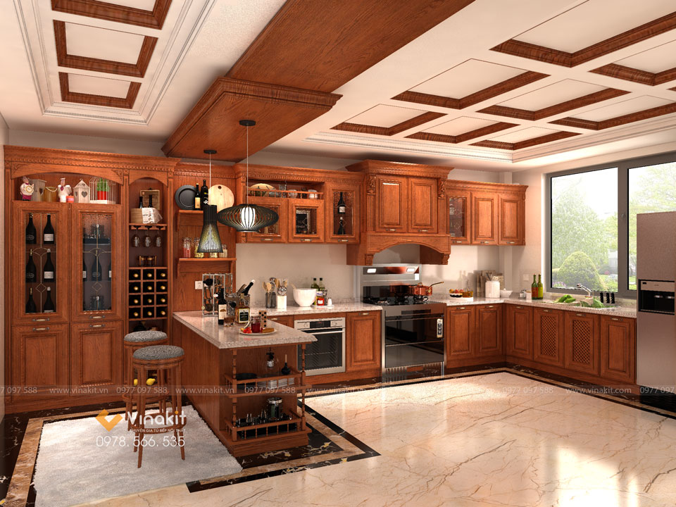 gỗ gõ tự nhiên làm nội thất tủ bếp
