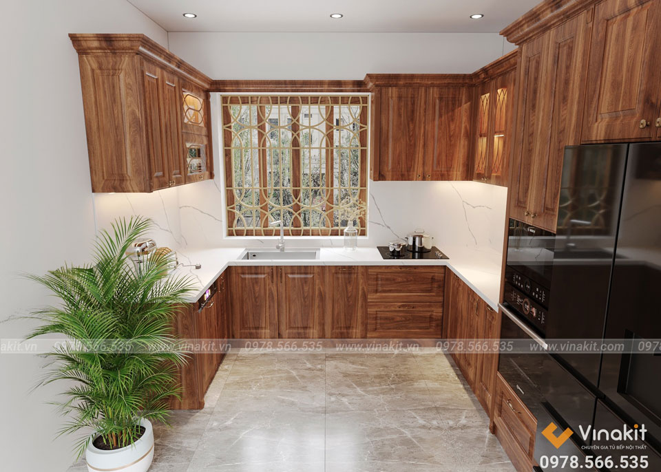 tủ bếp inox cánh gỗ tự nhiên