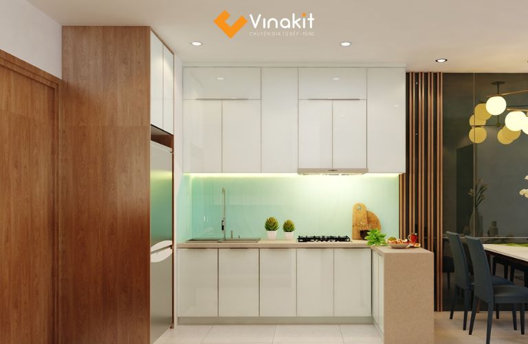 Tủ bếp nhôm cánh Melamine chữ L