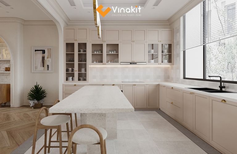 Tủ bếp nhôm cánh gỗ tự nhiên kết hợp bàn đảo