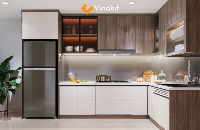 Tủ bếp nhôm cánh Melamine vân gỗ chữ L