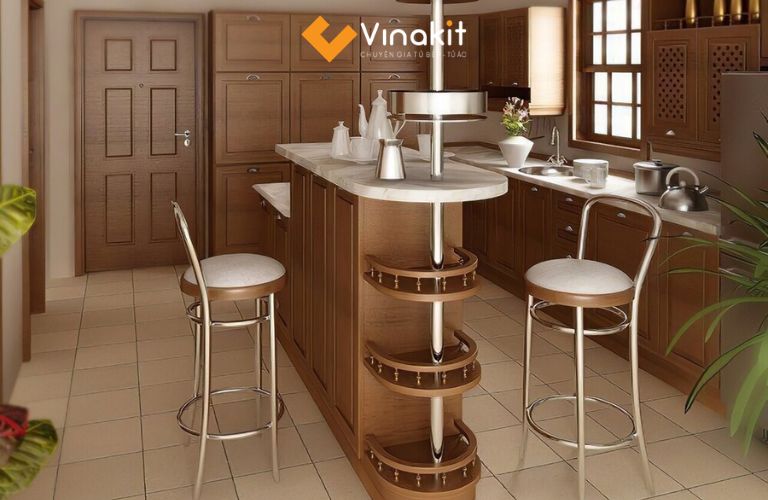 Quầy bar nhỏ bo cong mềm mại, kết hợp kệ trang trí tiện dụng