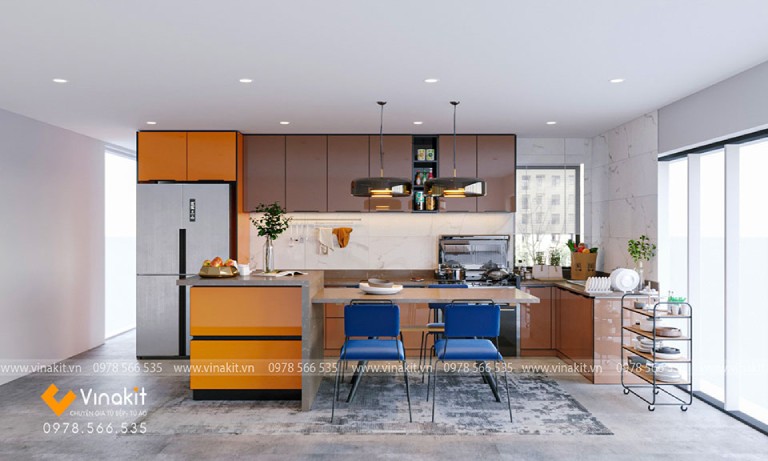 mẫu thiết kế tủ bếp màu cam và màu nâu kết hợp 