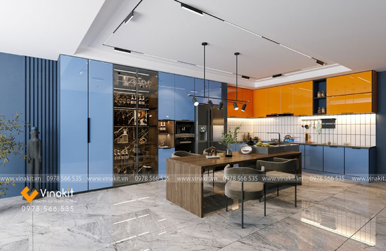 mẫu tủ bếp xanh dương kết hợp màu cam đẹp 