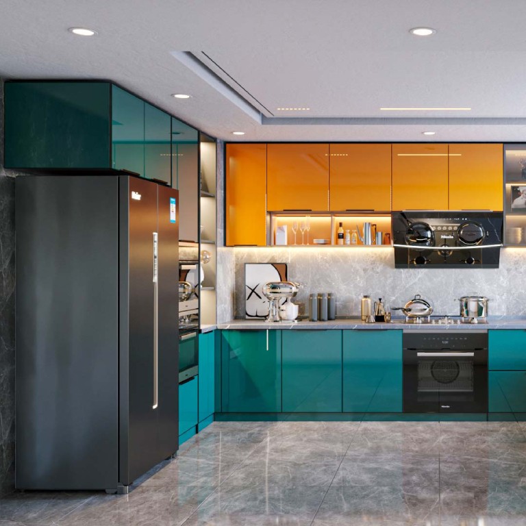 mẫu tủ bếp màu cam kết hợp xanh 