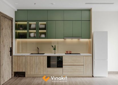 mẫu tủ bếp xanh mint phong cách tối giản