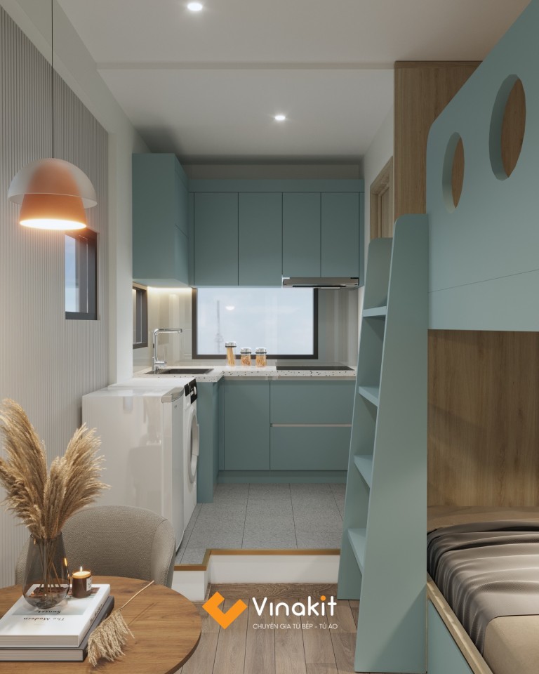 tủ bếp xanh mint cho không gian hẹp 