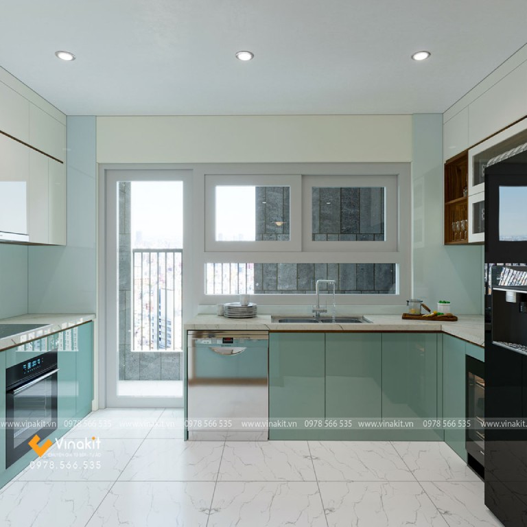 tủ bếp xanh mint tối giản