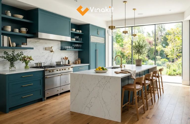 Tủ bếp xanh ngọc kết hợp bàn đảo