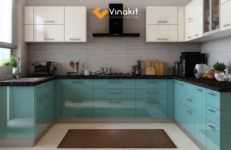 Tủ bếp xanh ngọc cánh kính