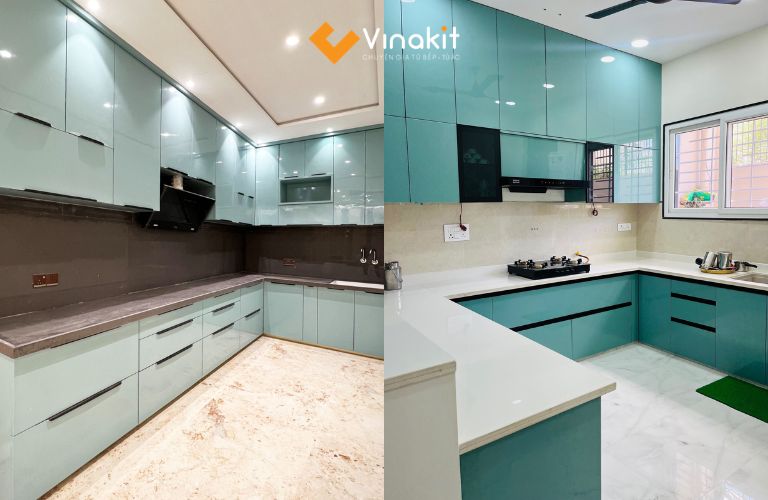 Tủ bếp màu xanh ngọc cánh Acrylic