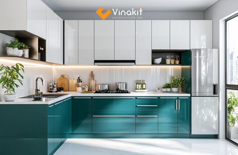 Tủ bếp xanh ngọc phối trắng