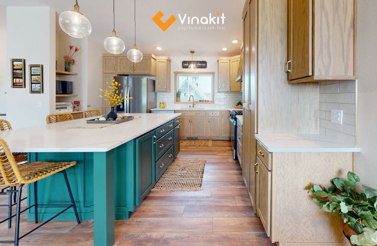 Tủ bếp xanh ngọc phối gỗ