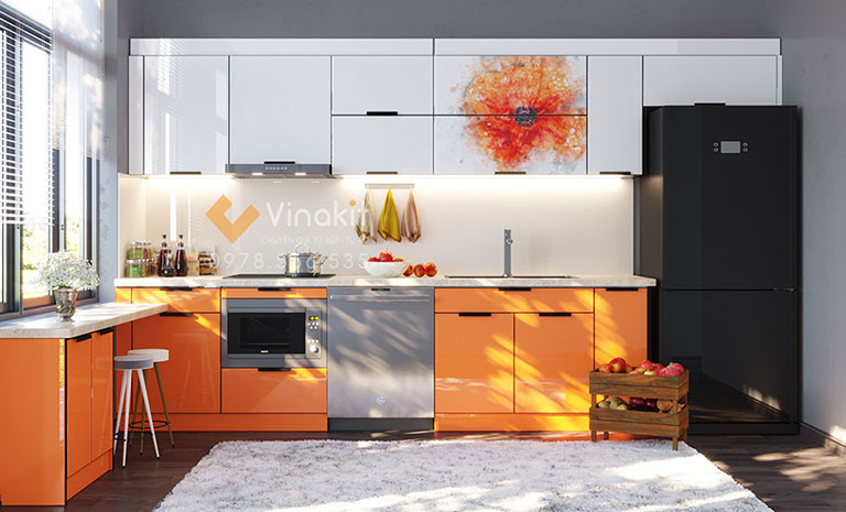 tủ bếp nghệ thuật màu cam