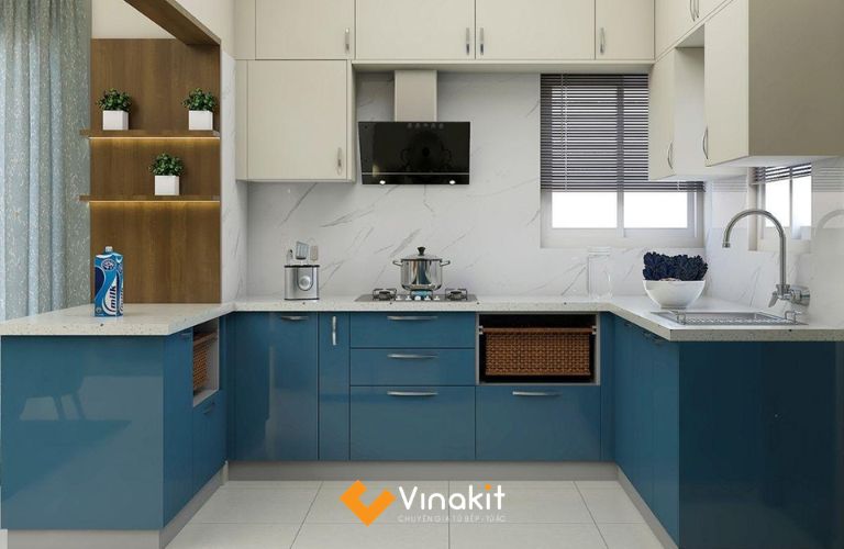 Tủ bếp Acrylic màu xanh