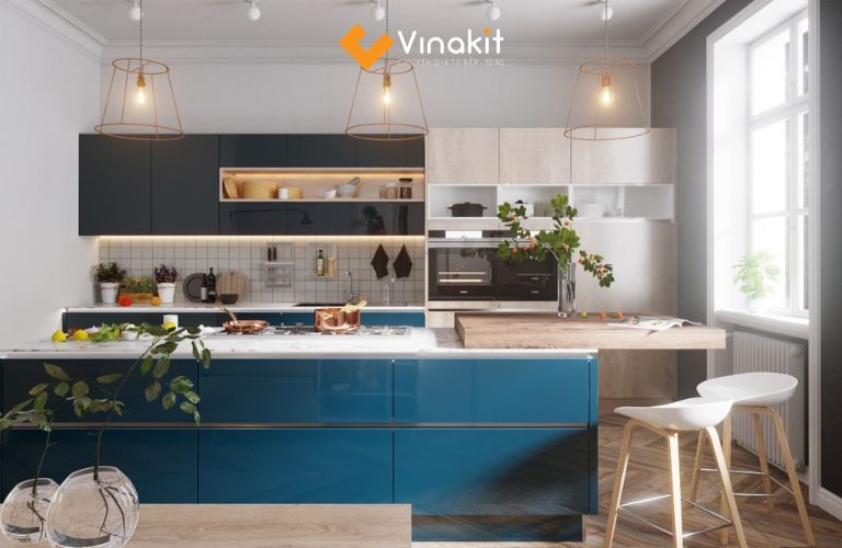 Tủ bếp màu xanh cổ vịt