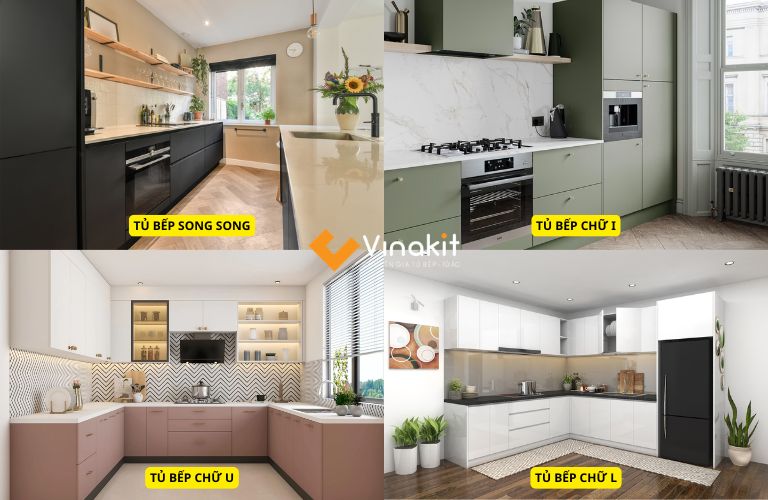 Tủ bếp song song, tủ bếp chữ I, tủ bếp chữ L và tủ bếp chữ U