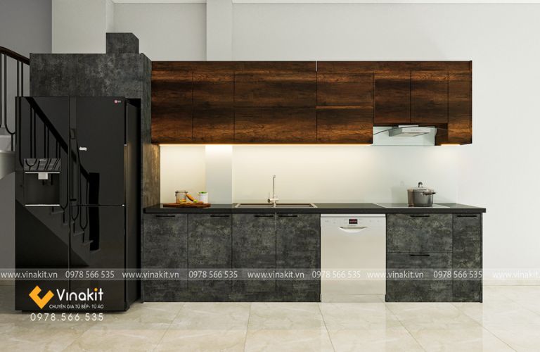 Mẫu tủ bếp chữ I phối vân gỗ và màu ghi hiện đại, tích hợp thiết bị âm tủ