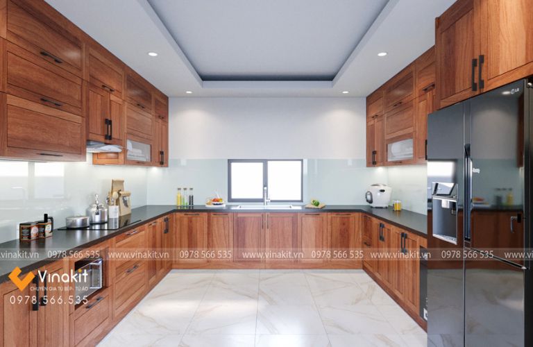 Mẫu tủ bếp chữ U vân gỗ tự nhiên, bố trí hai bên tường