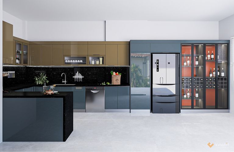 Mẫu tủ bếp chữ U hiện đại phối xanh ghi và nâu ánh kim