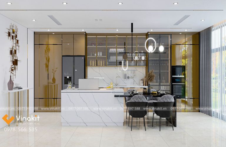Tủ bếp kịch trần sang trọng, tích hợp tủ rượu, thiết bị âm tủ và bàn đảo đa năng