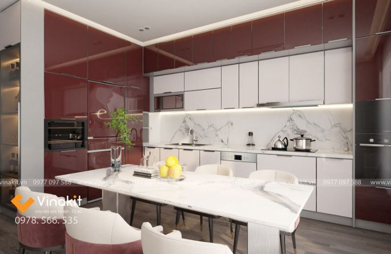 Mẫu tủ bếp kịch trần phối trắng và đỏ rượu