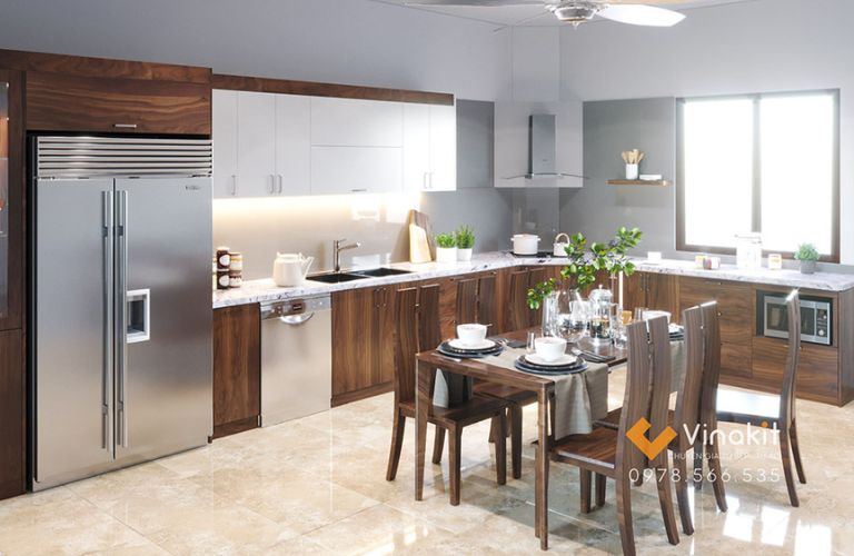 Mẫu tủ bếp Inox cánh gỗ óc chó Vinakit – IOC03
