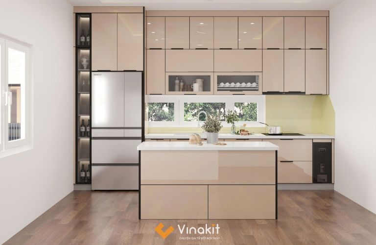 Mẫu tủ bếp chữ I kết hợp đảo bếp nhỏ, thiết kế kịch trần