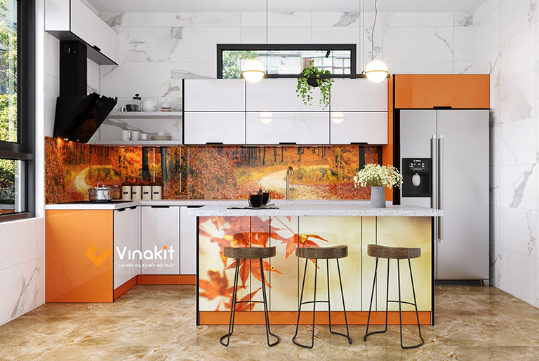 tủ bếp màu cam nghệ thuật