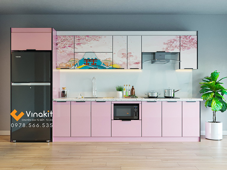tủ bếp đa năng màu hồng