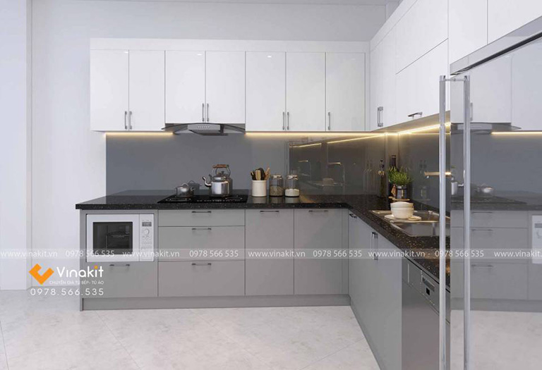 Tủ bếp inox chữ L cánh Acrylic sang trọng