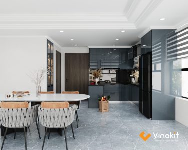 Thiết kế 3D tủ bếp inox cánh kính màu xám Vinakit