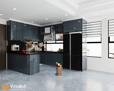 Thiết kế 3D tủ bếp inox cánh kính màu xám Vinakit