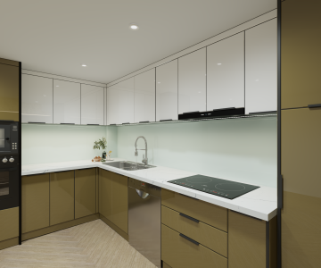 Mẫu thiết kế 3D tủ bếp inox cánh kính TP HCM
