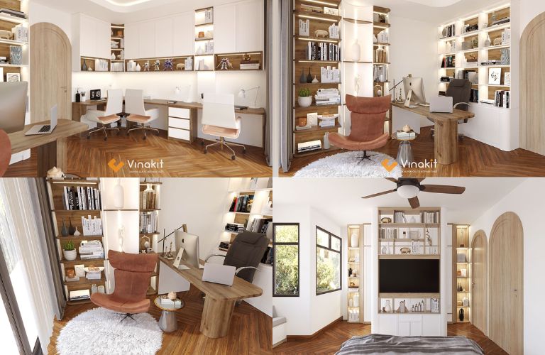 Nội thất biệt thự NTBT11 mang phong cách hiện đại, phòng ngủ kết hợp phòng làm việc, tinh tế và tiện lợi