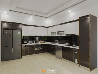 Bản thiết kế 3D tủ bếp inox cánh kính Bãi Cháy sang trọng cho nhà anh Cường.