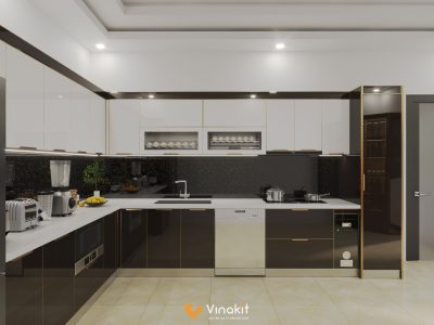 Bản thiết kế 3D tủ bếp inox cánh kính Bãi Cháy sang trọng cho nhà anh Cường.