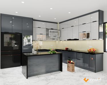 Bản vẽ thiết kế 3D tủ bếp Inox cánh kính màu xám hiện đại do Vinakit thực hiện