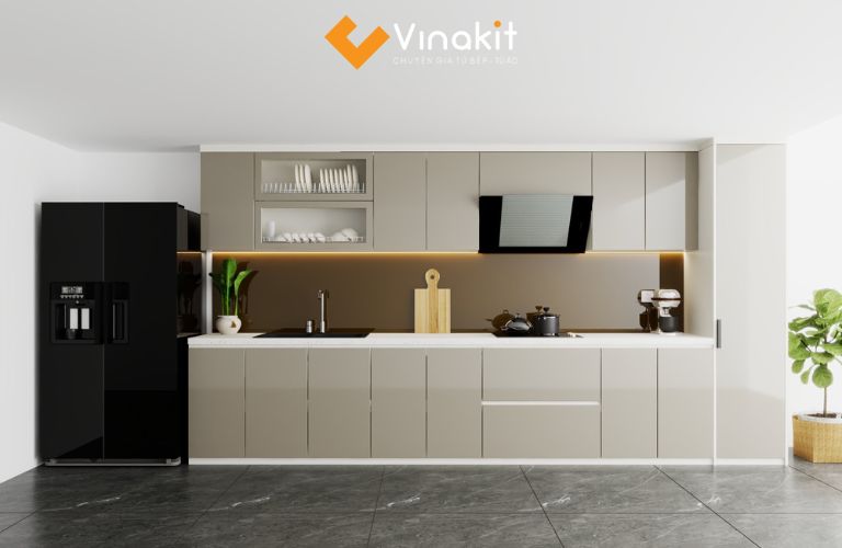 Mẫu tủ bếp chữ I hiện đại màu xám ghi/ be phối trắng