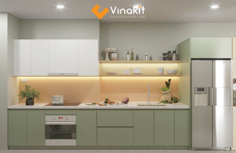 Tủ bếp mini chữ I – Màu xanh pastel nhẹ nhàng