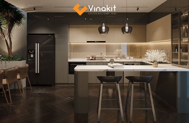 Tủ bếp chữ L có quầy bar – Màu đen sang trọng