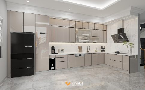 Phối cảnh thiết kế 3D tủ bếp inox cánh kính màu kem hiện đại.