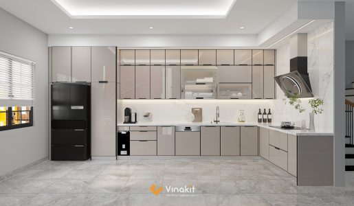 Phối cảnh thiết kế 3D tủ bếp inox cánh kính màu kem hiện đại.