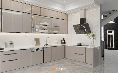 Phối cảnh thiết kế 3D tủ bếp inox cánh kính màu kem hiện đại.