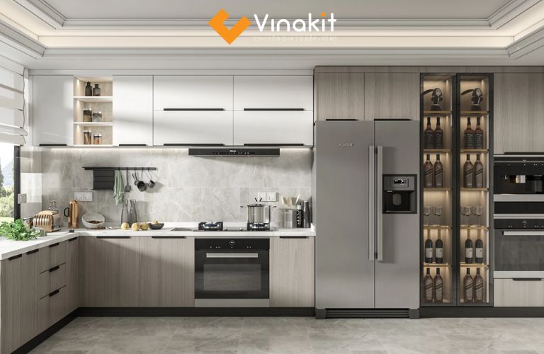Tủ bếp trên dưới kết hợp kệ mở