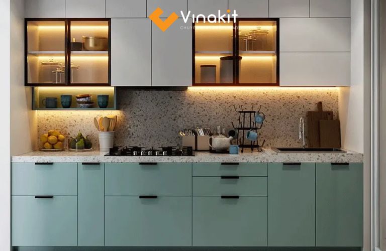 Tủ bếp mini nhôm kính sơn tĩnh điện có bồn rửa